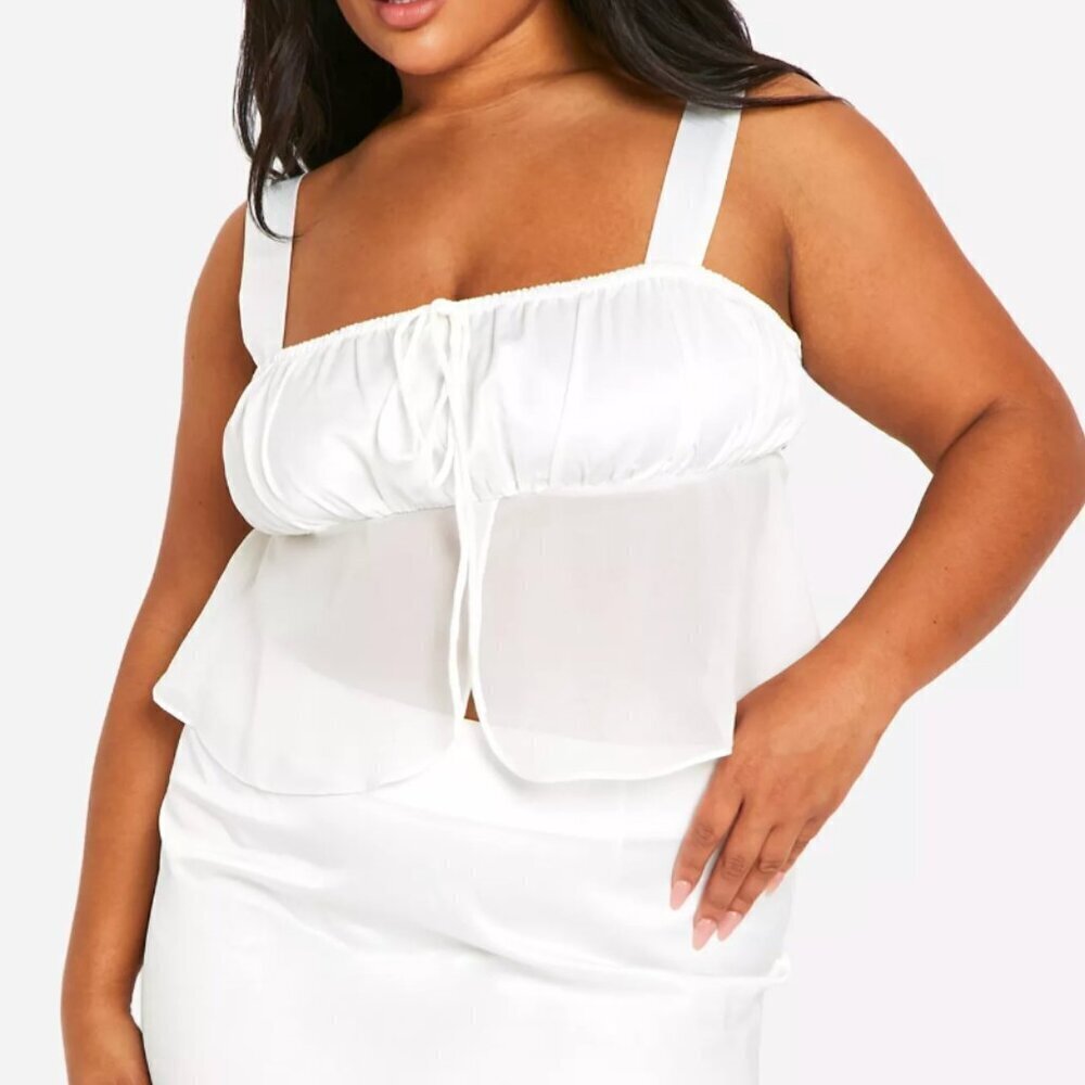 Boohoo Plus Tie Front Ruffle Hem Satin Top - Size 16 - NWT